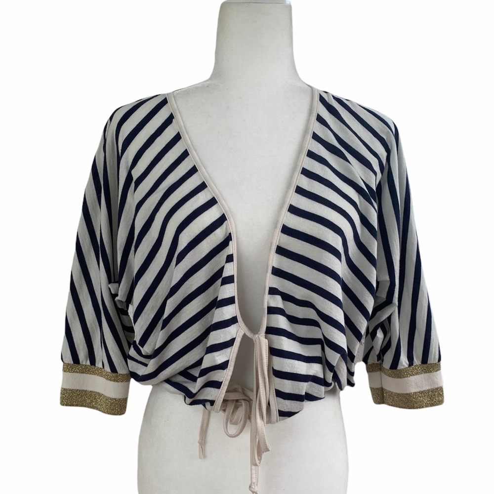 La Rok Brand Tie Front Striped Shrug Crop Top with Gold Cuffs